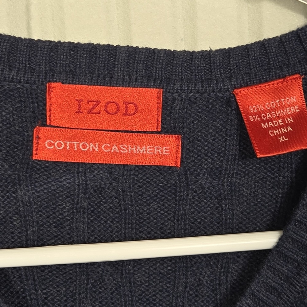 IZOD Mens XL Navy Blue Cotton Cashmere V-Neck Cable Knit Sweater 4586027 - Picture 3 of 7